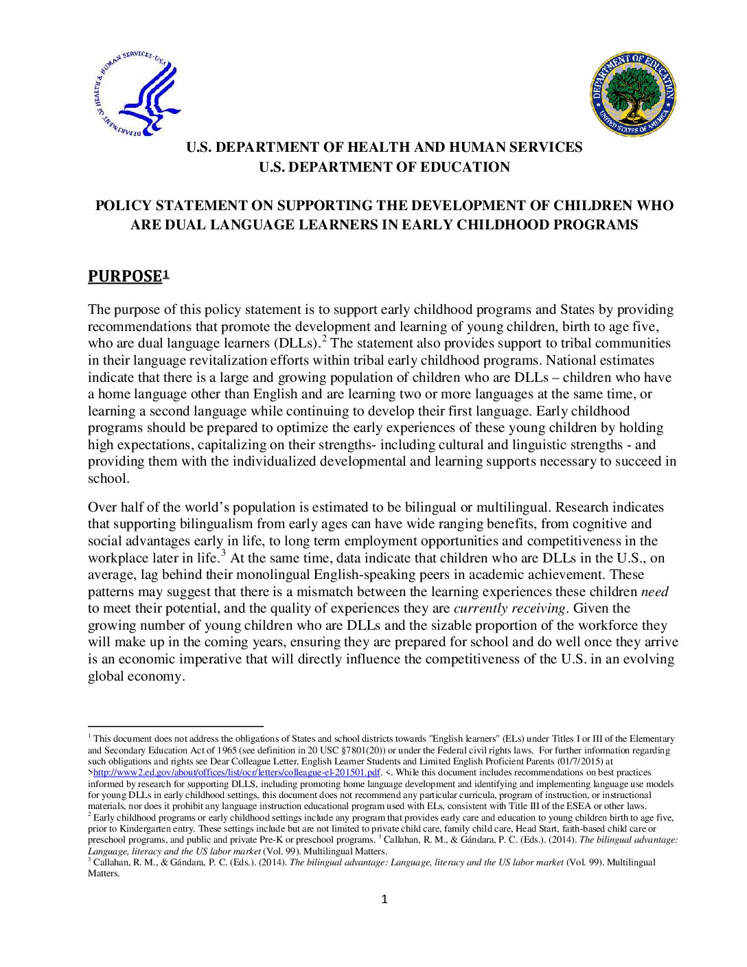 Policy Statement on Supporting the Development of Children Who are Dual Language Learners in Early Childhood Programs